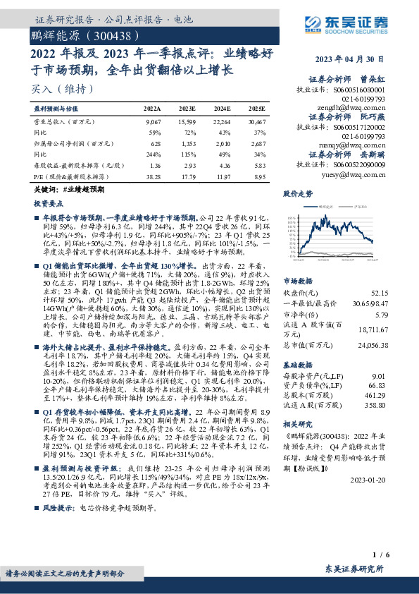 2022年报及2023年一季报点评：业绩略好于市场预期，全年出货翻倍以上增长