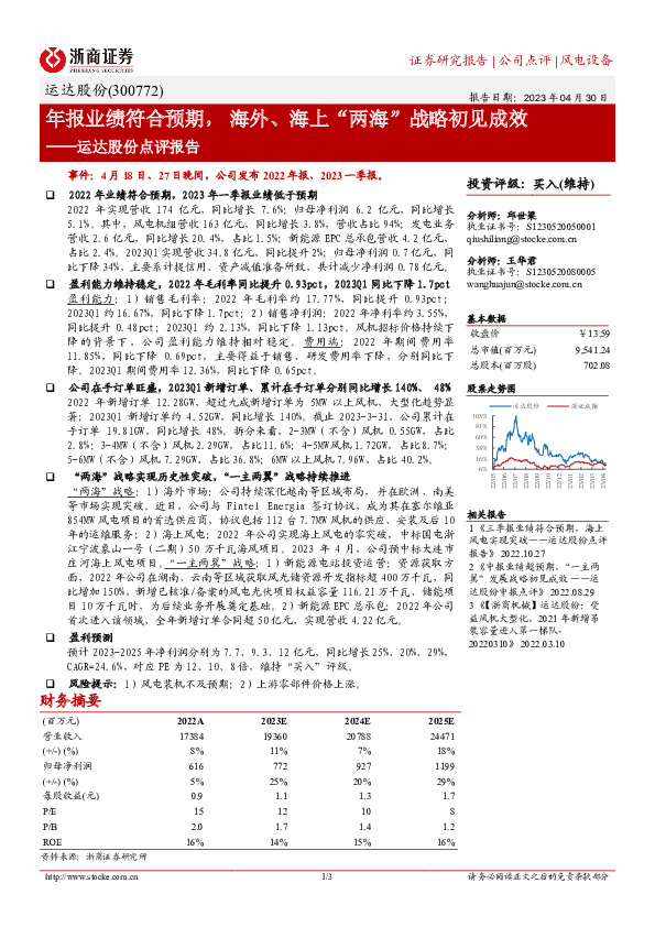 运达股份点评报告：年报业绩符合预期，海外、海上“两海”战略初见成效
