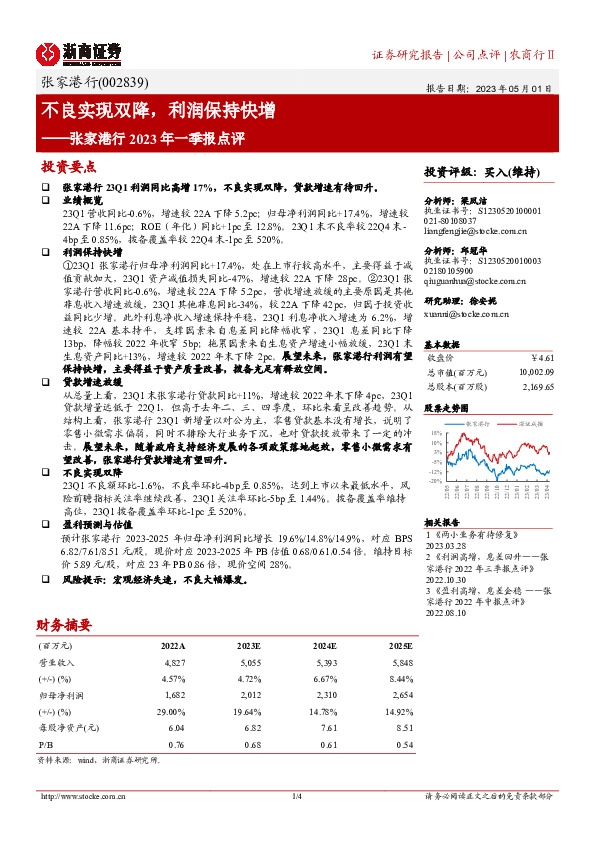 张家港行2023年一季报点评：不良实现双降，利润保持快增
