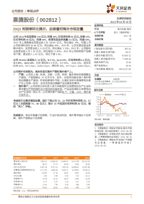 23Q1利润率环比提升，后续看好海外市场放量