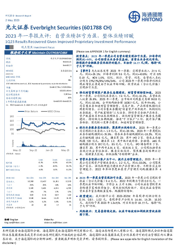 2023年一季报点评：自营业绩扭亏为盈，整体业绩回暖