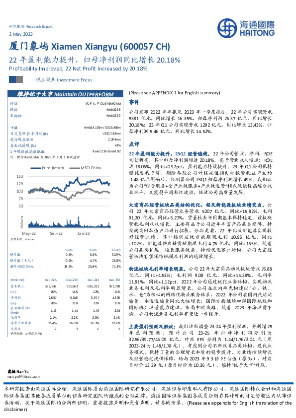 22年盈利能力提升，归母净利润同比增长20.18%