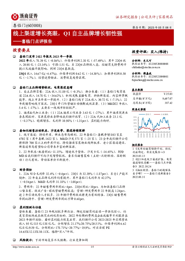 喜临门点评报告：线上渠道增长亮眼，Q1自主品牌增长韧性强