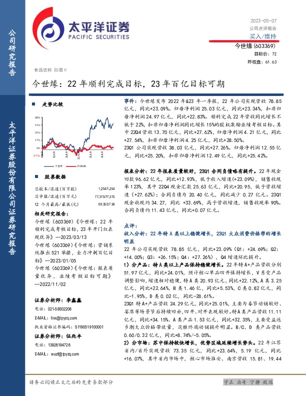 今世缘：22年顺利完成目标，23年百亿目标可期