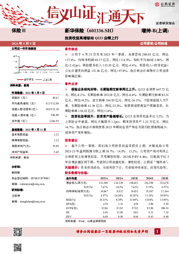 投资收益高增驱动Q123业绩上行