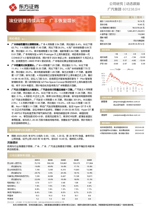 埃安销量持续高增，广丰恢复增长