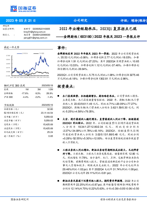2022年报及2023一季报点评：2022年业绩短期承压，2023Q1复苏拐点已现