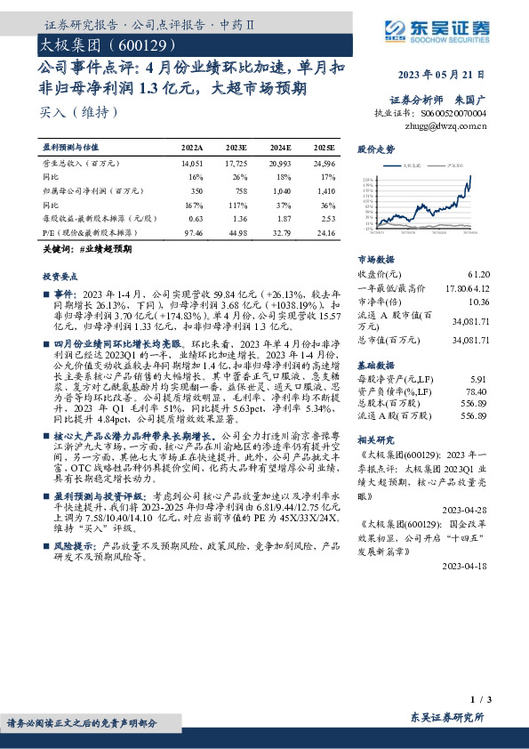 公司事件点评：4月份业绩环比加速，单月扣非归母净利润1.3亿元，大超市场预期