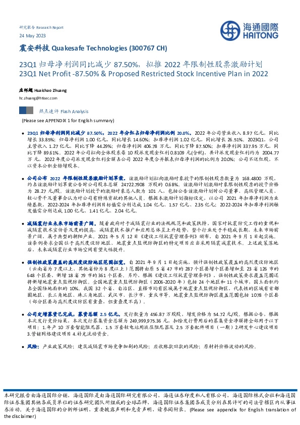 23Q1归母净利润同比减少87.50%，拟推2022年限制性股票激励计划