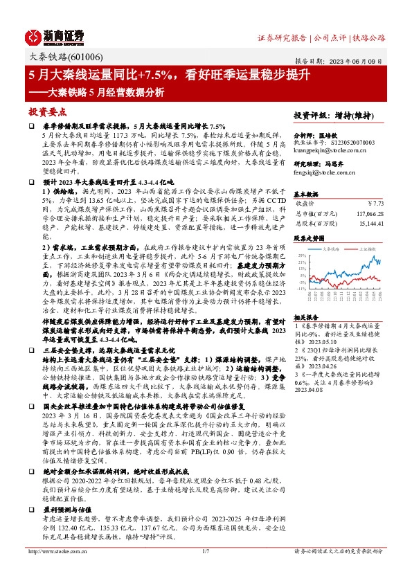 大秦铁路5月经营数据分析：5月大秦线运量同比+7.5%，看好旺季运量稳步提升