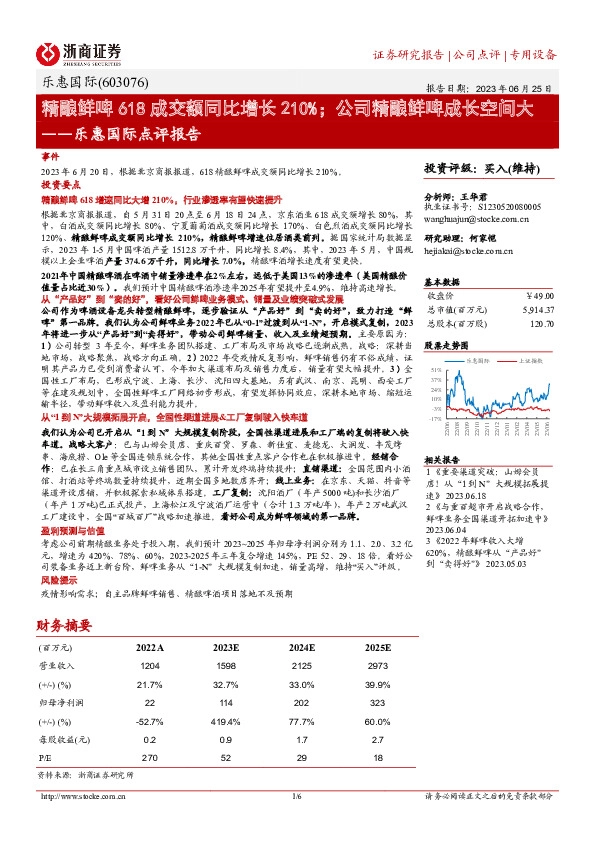 乐惠国际点评报告：精酿鲜啤618成交额同比增长210%；公司精酿鲜啤成长空间大