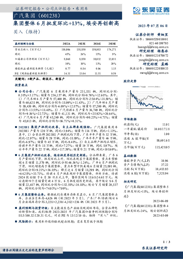 集团整体6月批发环比+13%，埃安再创新高