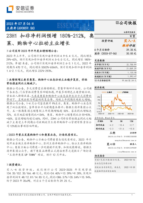 23H1扣非净利润预增180%-212%，奥莱、购物中心拉动主业增长
