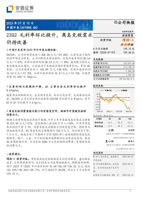 23Q2毛利率环比提升，离岛免税需求仍待改善