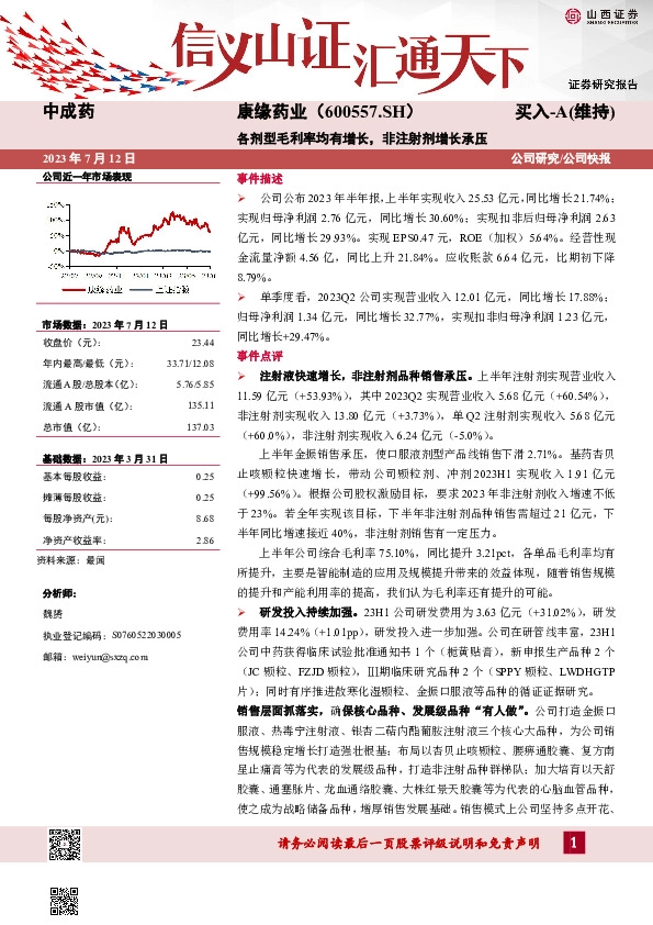 各剂型毛利率均有增长，非注射剂增长承压