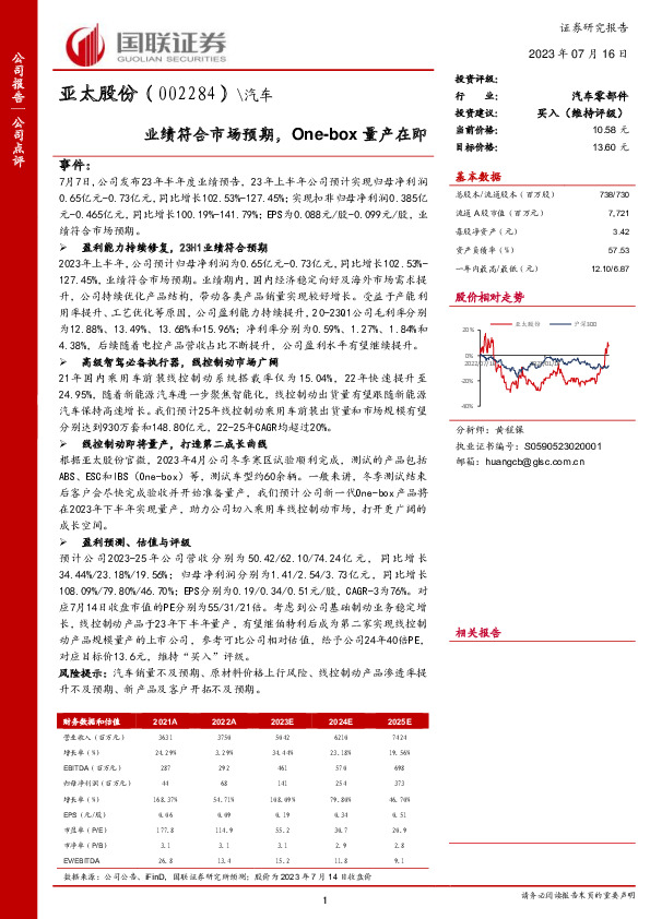 业绩符合市场预期，One-box量产在即