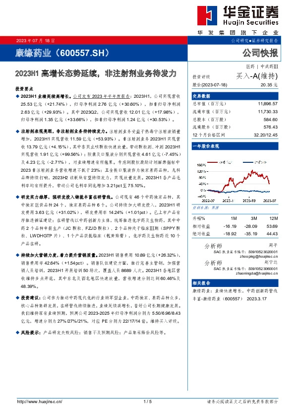 2023H1高增长态势延续，非注射剂业务待发力