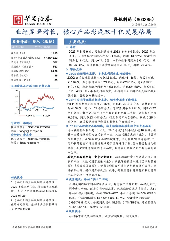 业绩显著增长，核心产品形成双十亿发展格局