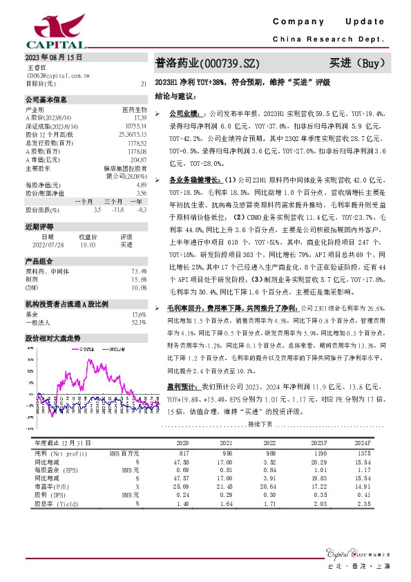 2023H1净利YOY+38%，符合预期，维持“买进”评级