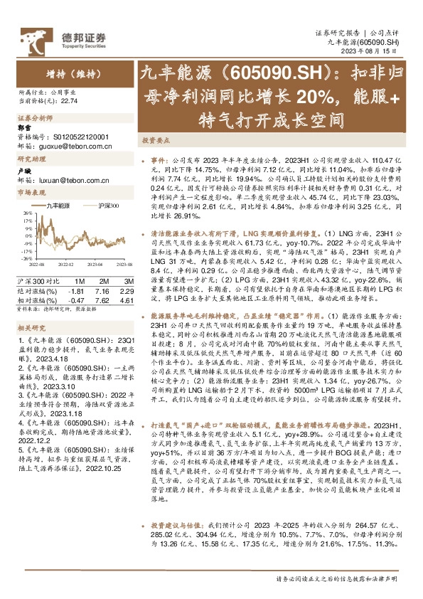 扣非归母净利润同比增长20%，能服+特气打开成长空间