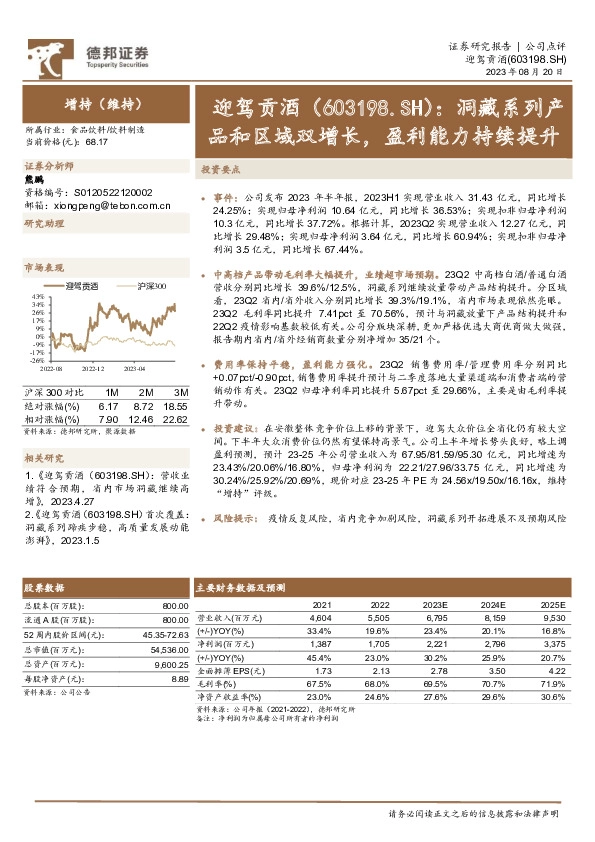 洞藏系列产品和区域双增长，盈利能力持续提升