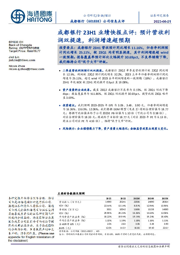 成都银行23H1业绩快报点评:预计营收利润双提速,利润增速超预期