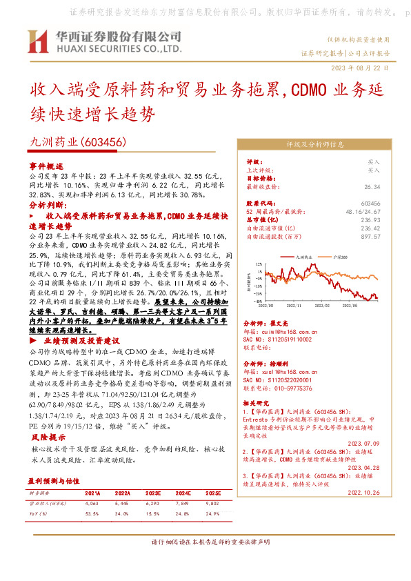 收入端受原料药和贸易业务拖累，CDMO业务延续快速增长趋势