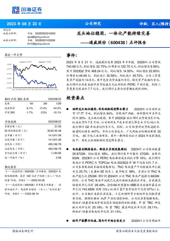 点评报告：龙头地位稳固，一体化产能持续完善