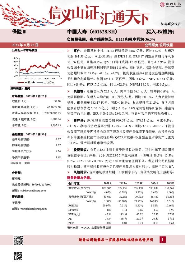 负债端稳固，资产端弹性足，H123归母净利润-36.3%
