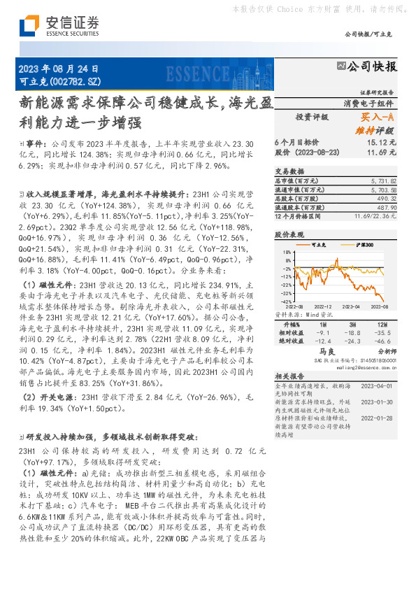 新能源需求保障公司稳健成长，海光盈利能力进一步增强