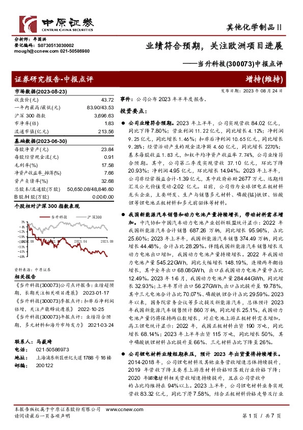 中报点评：业绩符合预期，关注欧洲项目进展