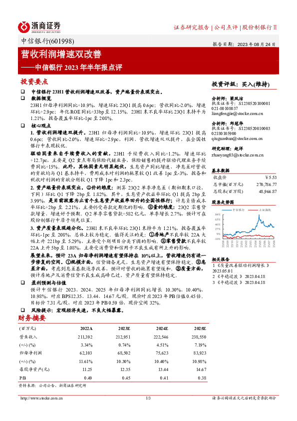 中信银行2023年半年报点评：营收利润增速双改善