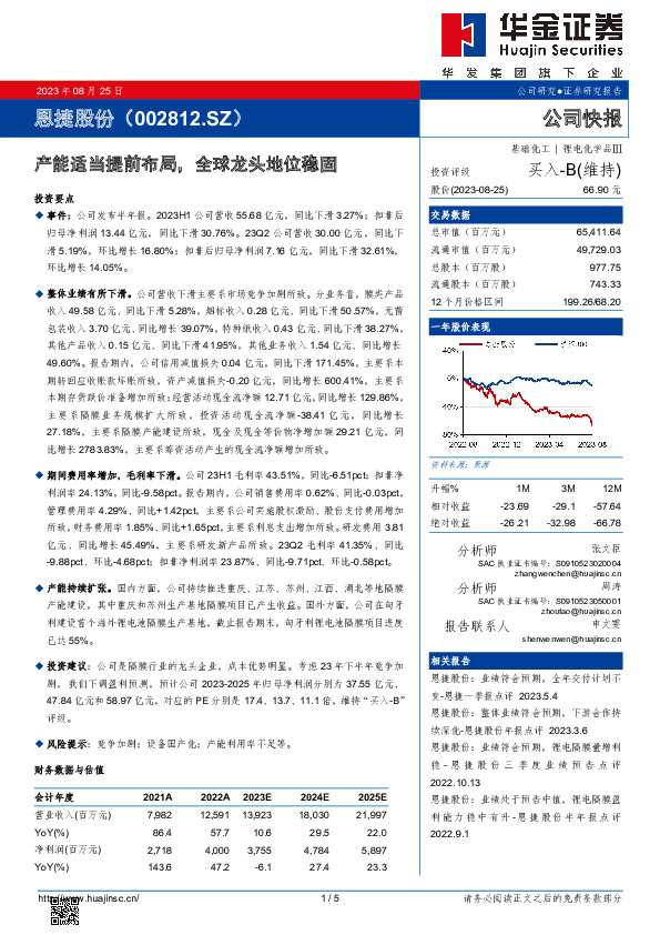 产能适当提前布局，全球龙头地位稳固