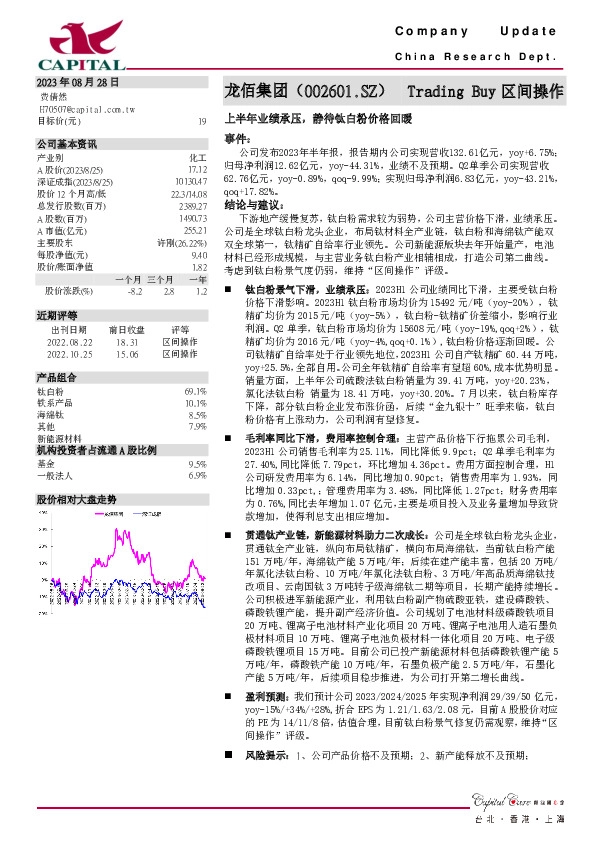 上半年业绩承压，静待钛白粉价格回暖