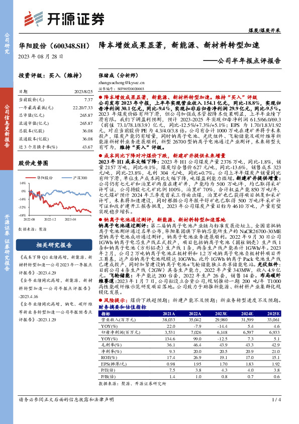 公司半年报点评报告：降本增效成果显著，新能源、新材料转型加速