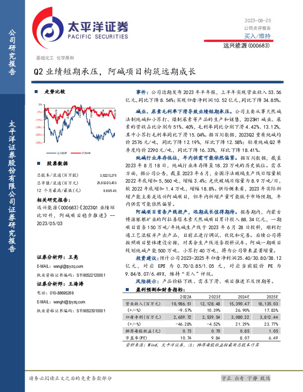 Q2业绩短期承压，阿碱项目构筑远期成长