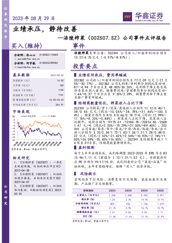 公司事件点评报告：业绩承压， 静待改善