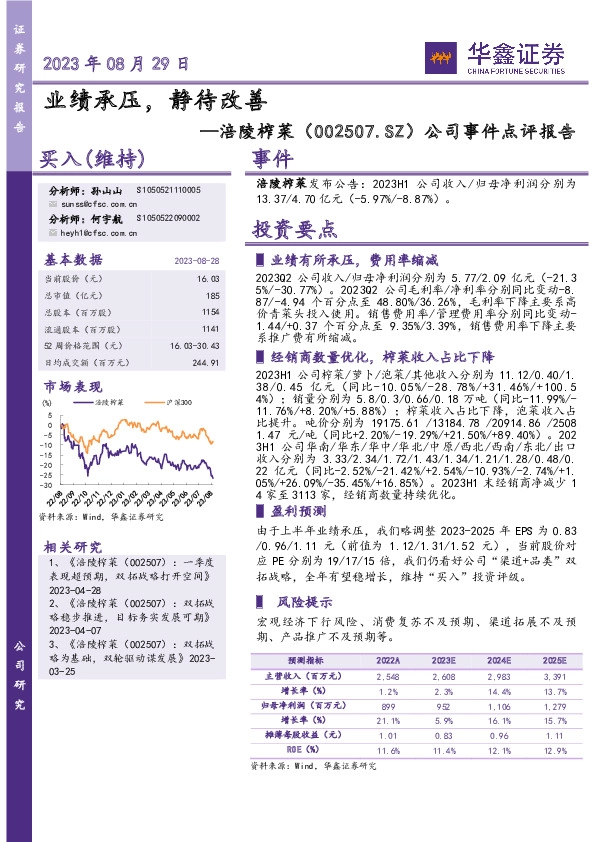 公司事件点评报告：业绩承压， 静待改善