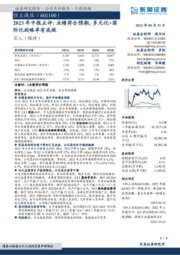 2023年中报点评：业绩符合预期，多元化+国际化战略卓有成效
