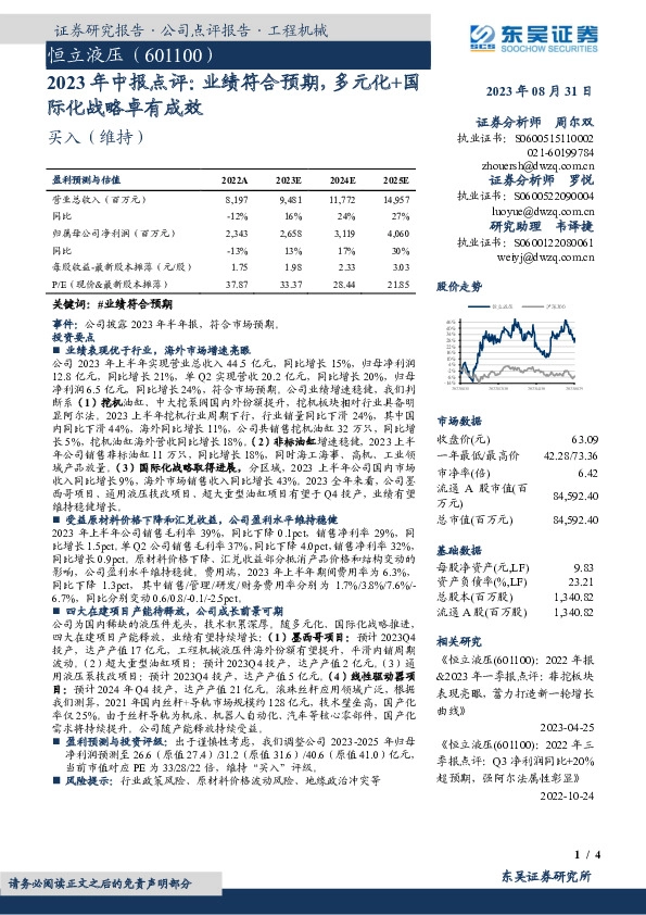 2023年中报点评：业绩符合预期，多元化+国际化战略卓有成效
