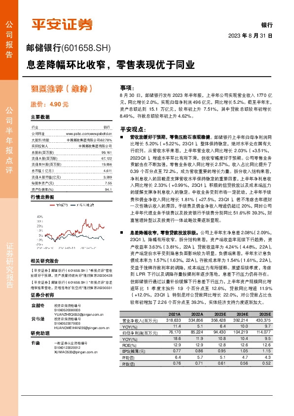 息差降幅环比收窄，零售表现优于同业