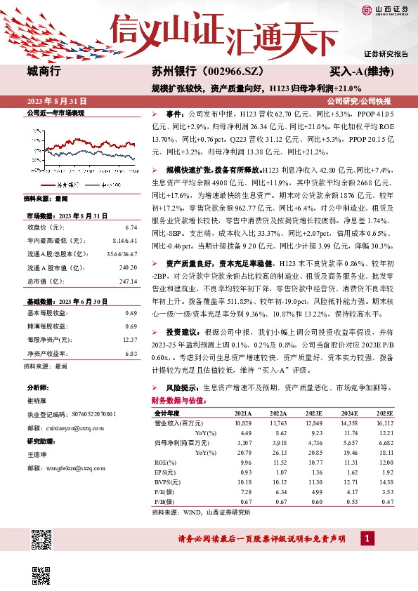 规模扩张较快，资产质量向好，H123归母净利润+21.0%