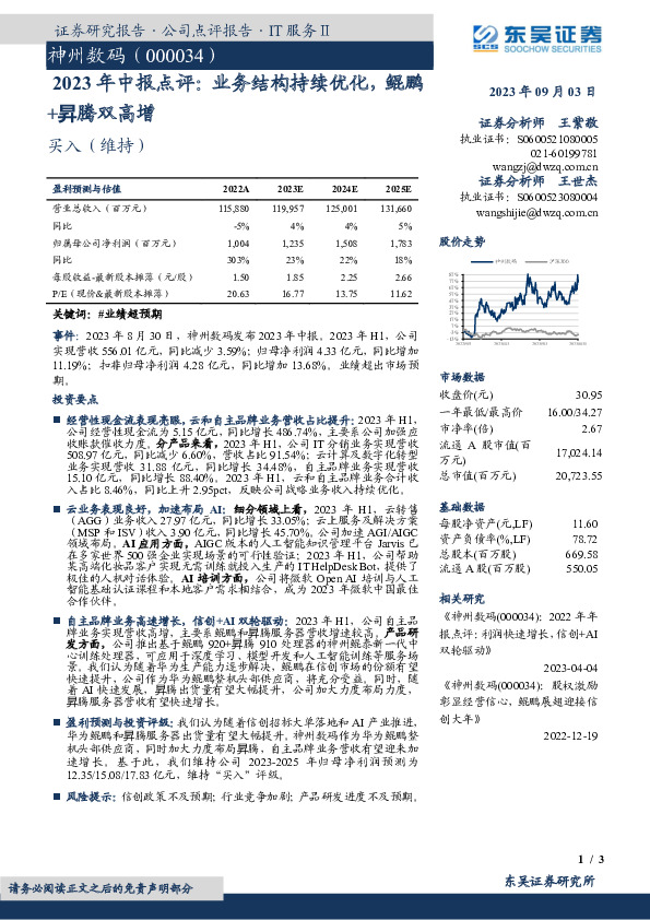 2023年中报点评：业务结构持续优化，鲲鹏+昇腾双高增