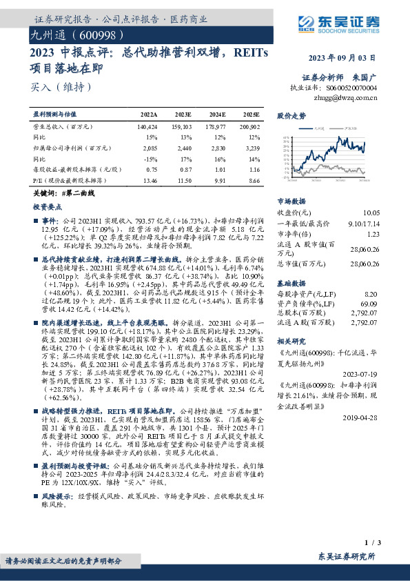 2023中报点评：总代助推营利双增，REITs项目落地在即