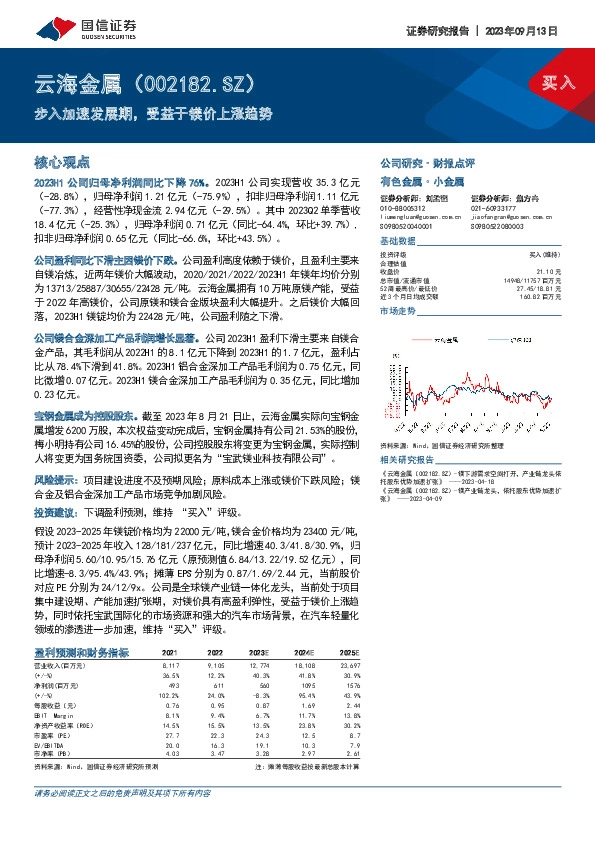 步入加速发展期，受益于镁价上涨趋势