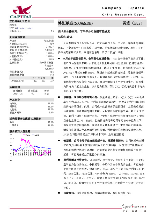 白卡纸价格回升，下半年公司业绩有望修复