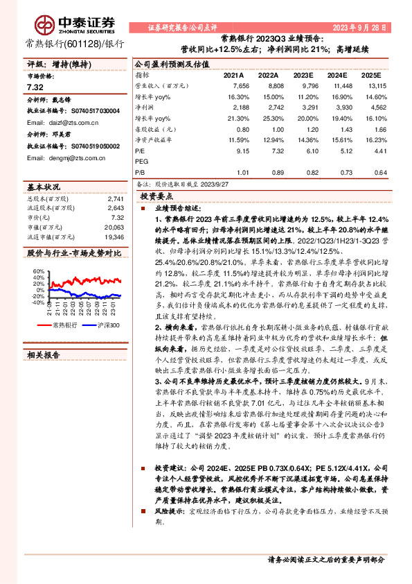 常熟银行2023Q3业绩预告：营收同比+12.5%左右；净利润同比21%；高增延续