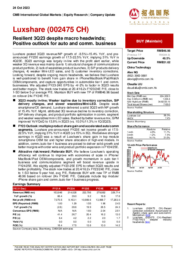 Resilient 3Q23 despite macro headwinds;Positive outlook for auto and comm. business