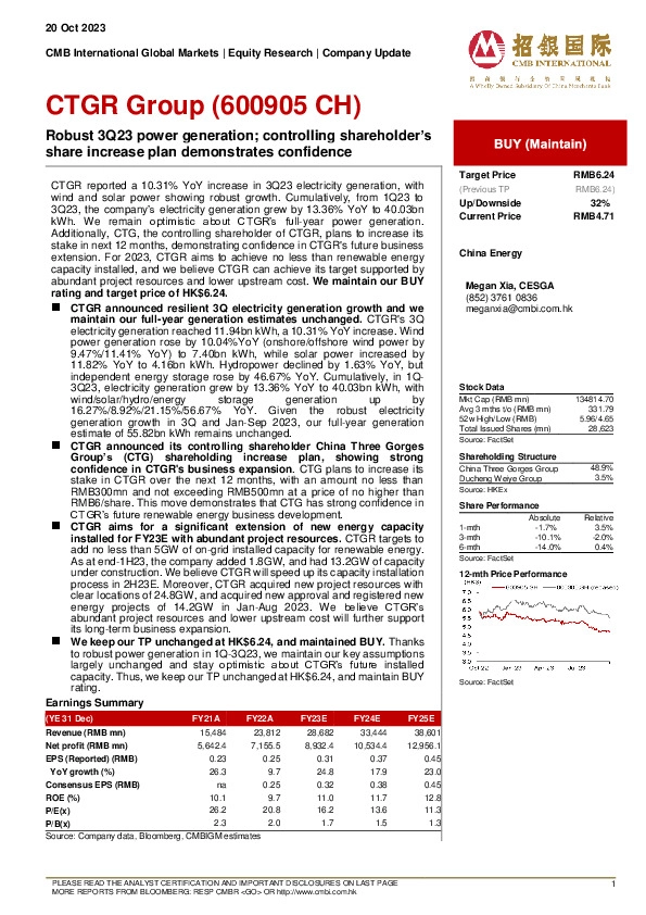 Robust 3Q23 power generation; controlling shareholder’s share increase plan demonstrates confidence