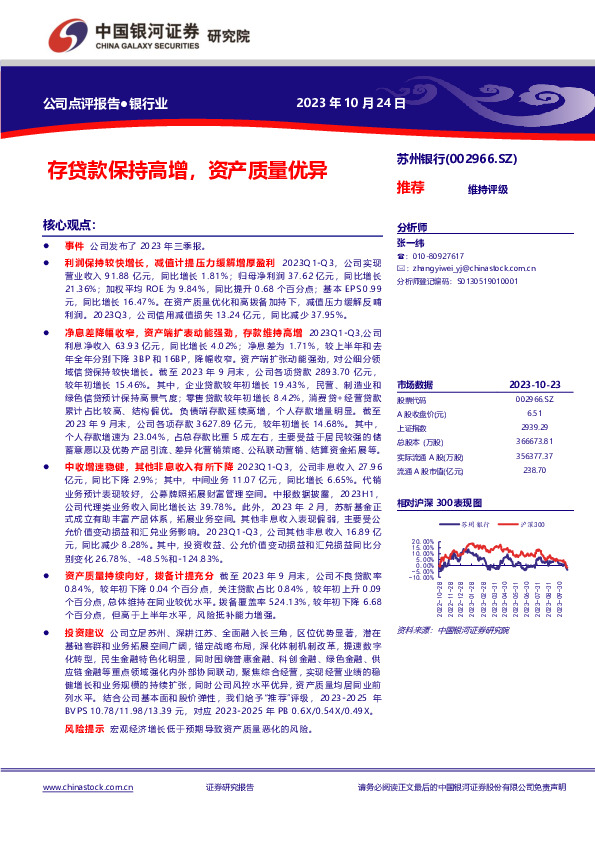 2023年三季报点评：存贷款保持高增，资产质量优异